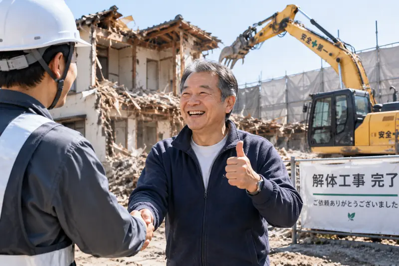 解体工事を終えて笑顔で握手するお客様と作業員