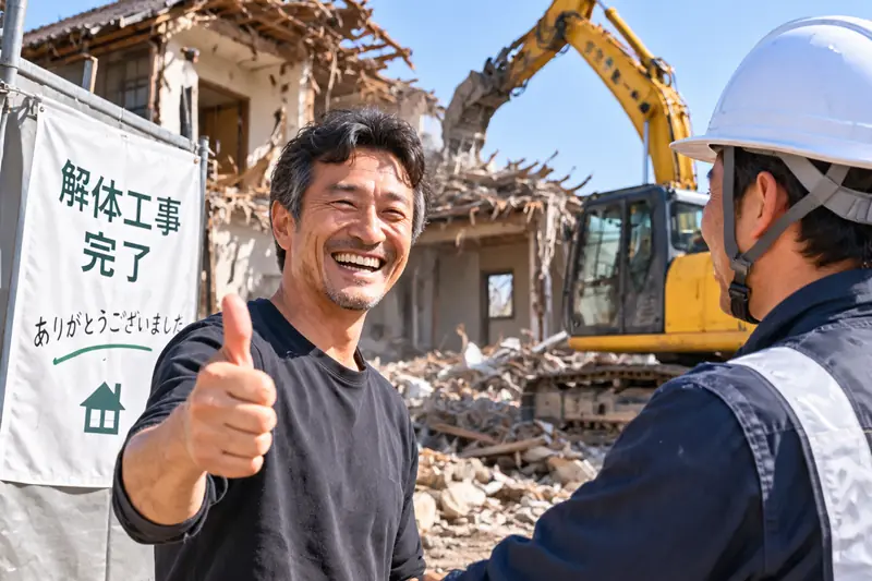 解体工事の現場で笑顔を見せるお客様