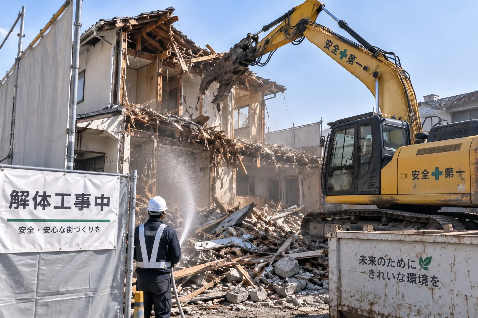 散水で粉じんを抑えながら重機で木造2階建て住宅を解体する様子